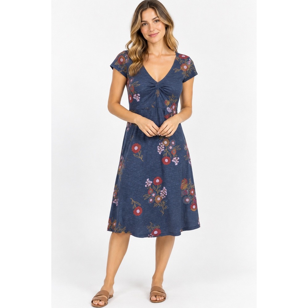 Toad&Co Dress Rosemarie Short Sleeve V neck Floral Blue Medium